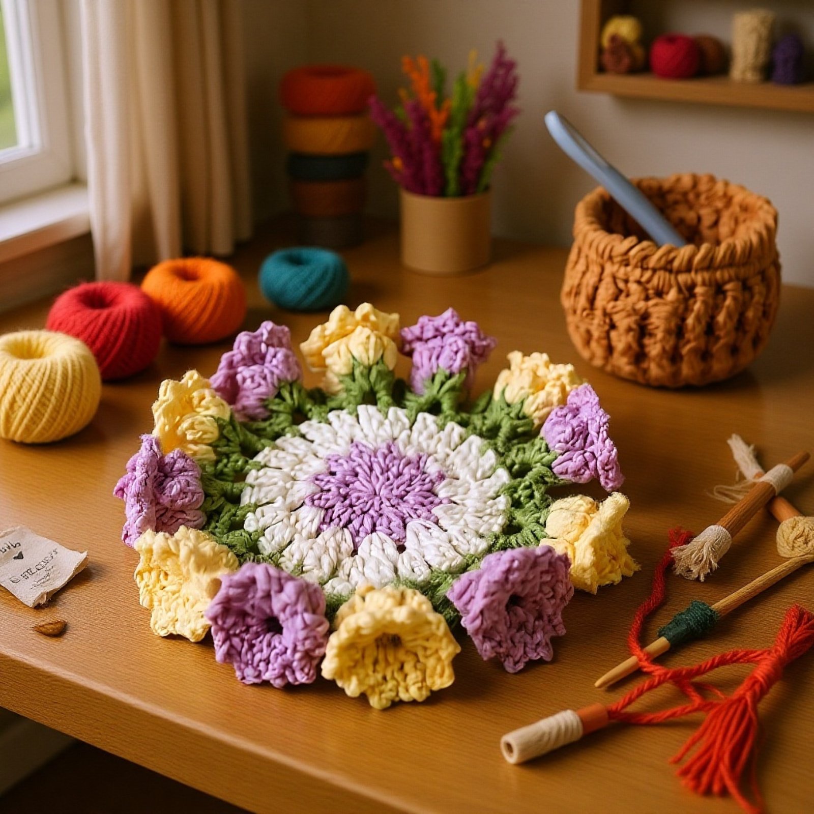 Set of colorful knitted drink coasters