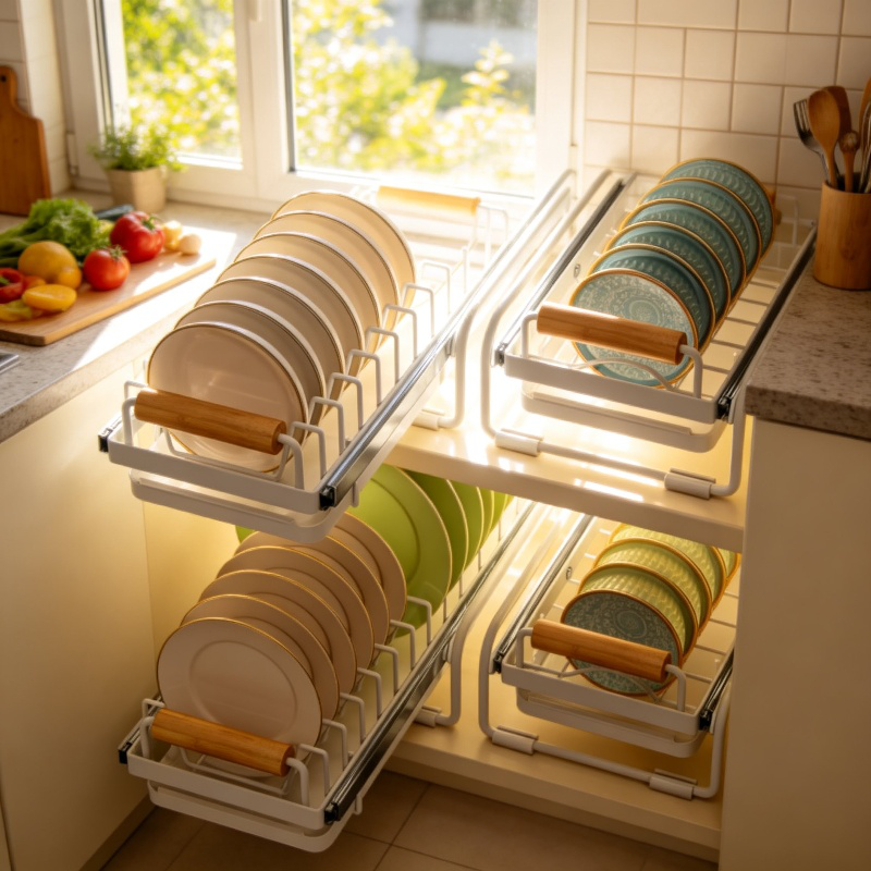 Organizador de platos antideslizante con drenaje para armario de cocina