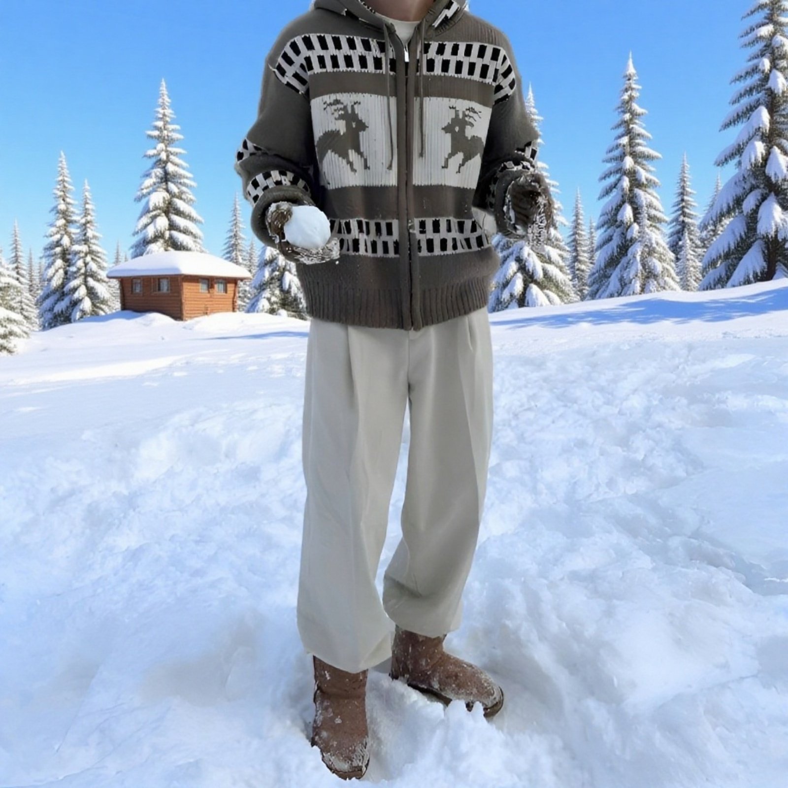 冬用 メンズ クリスマス ジップパーカー フェアアイル模様 ゆったりカーディガン