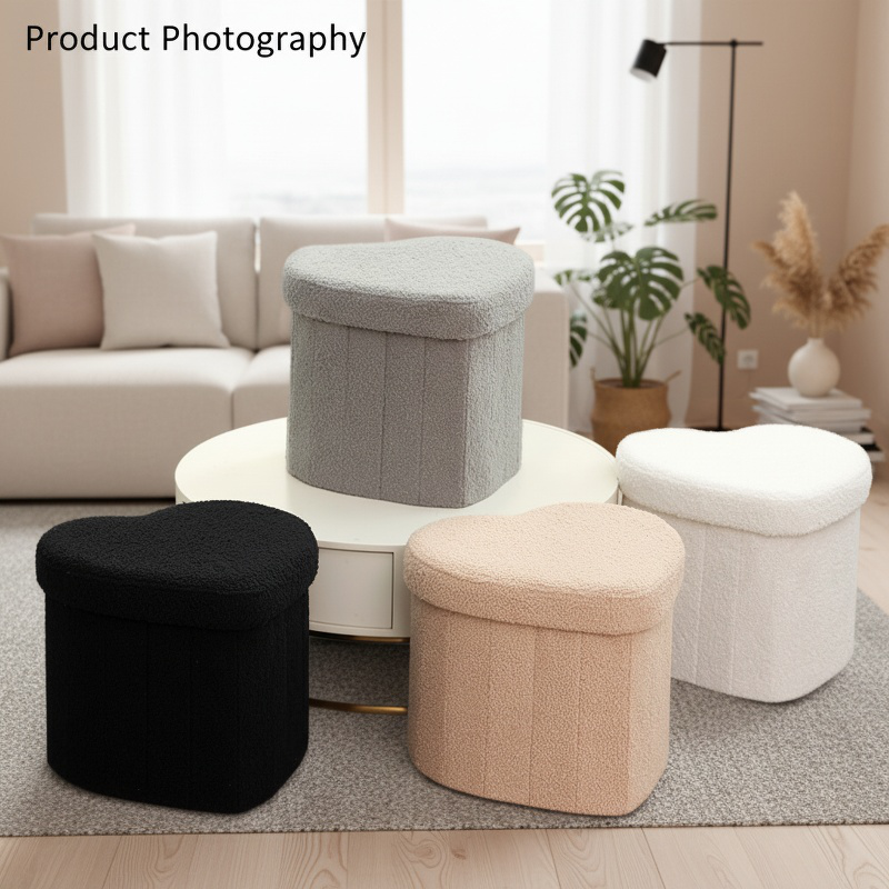 Taburete organizador en forma de corazón de peluche, ideal para el sofá