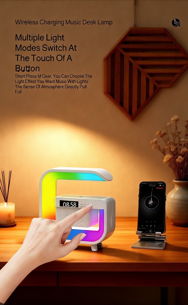 High Color Wireless Speaker Alarm Clock with Night Light on bedside table