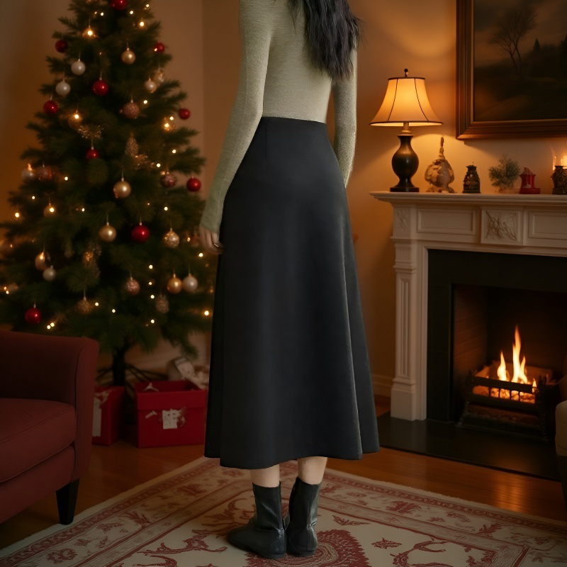 겨울 블랙 드롭 레귤러 미디 스커트 컬러 기모 미디 스커트