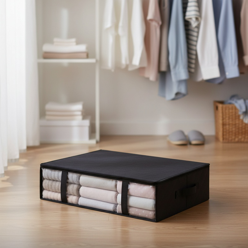 Unterbett-Faltbox aus Vliesstoff unter einem Bett verstaut