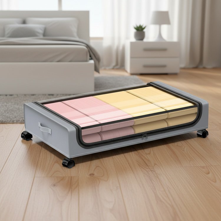 Wheeled, dustproof, covered folding under-bed storage box