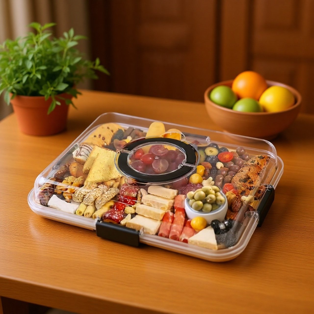 Outdoor wooden biscuit and snack serving tray on picnic table