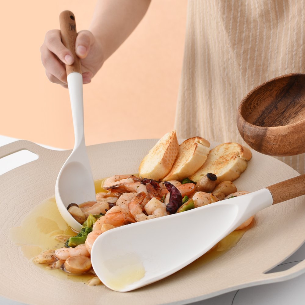 Set de lingură și spatulă din silicon cu mâner scurt din lemn