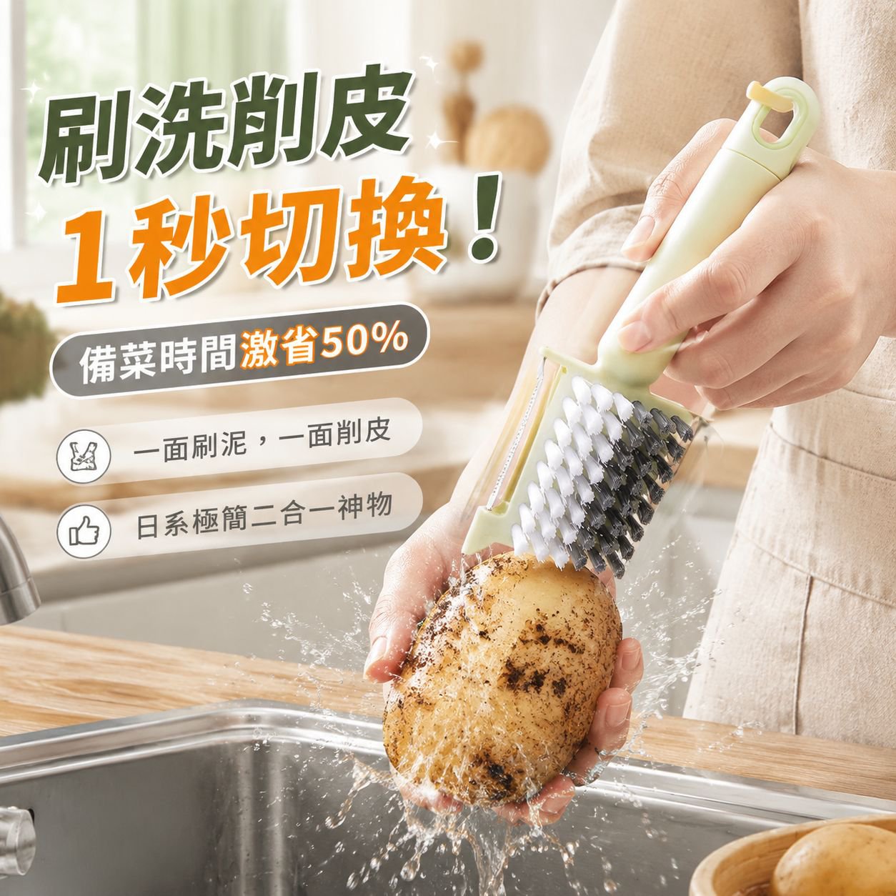 多功能蔬果刷、廚房刷、食品級清潔刷，集刮板、削皮器及刮擦功能於一體，不使用刷毛。