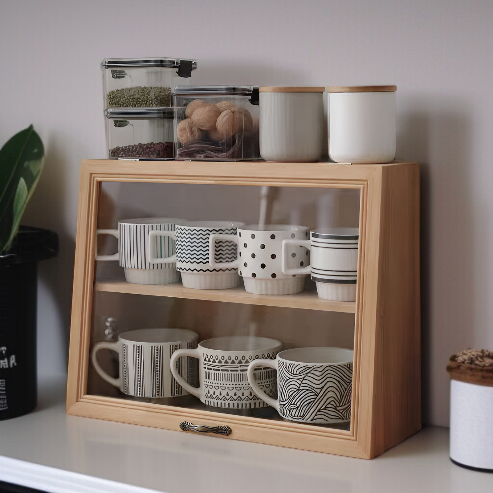 デスクトップコーヒーカップ収納ボックスマグカップティーセットディスプレイキャビネット無垢材ウォーターカップ化粧品アイテムレトロ蓋付き