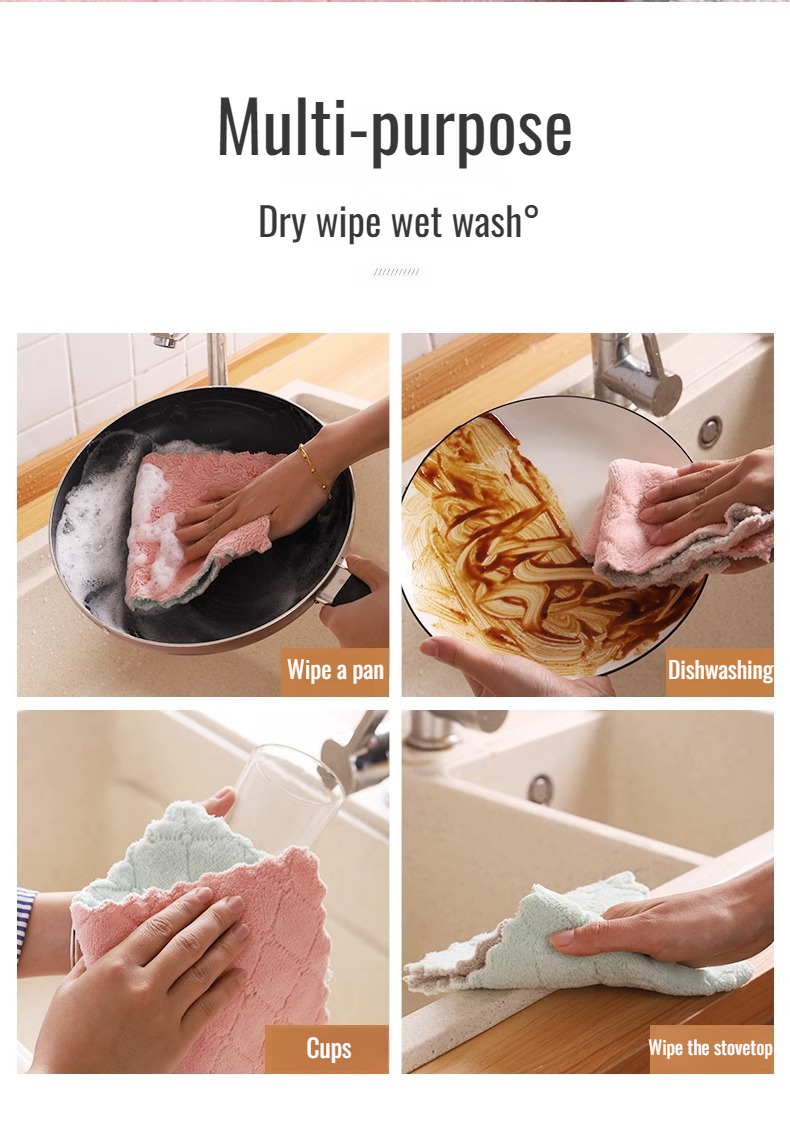 Coral fleece dish cloth used for wiping kitchen table