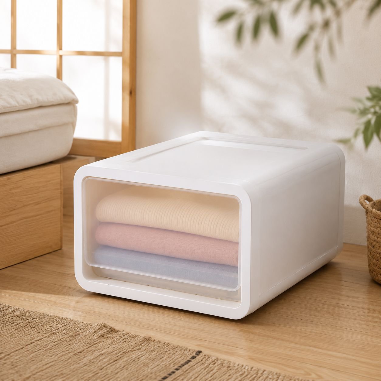 持ち手付きで持ち運びやすいプラスチック収納ケース