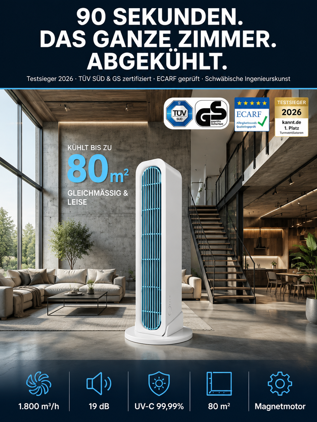 【90S den gesamten Raum abkühlen】Turmventilator stehend und liegend verwendbarer Klimagerät