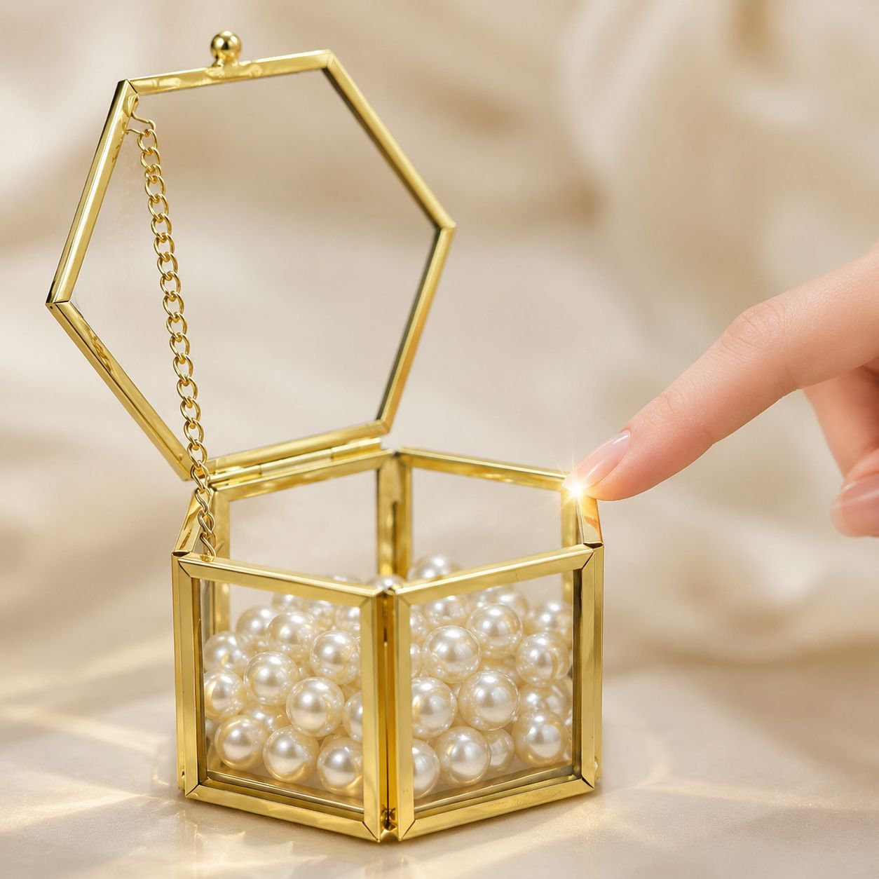 Hexagonal Gold Glass Jewelry Storage Box, Ring Display Box, Ornament