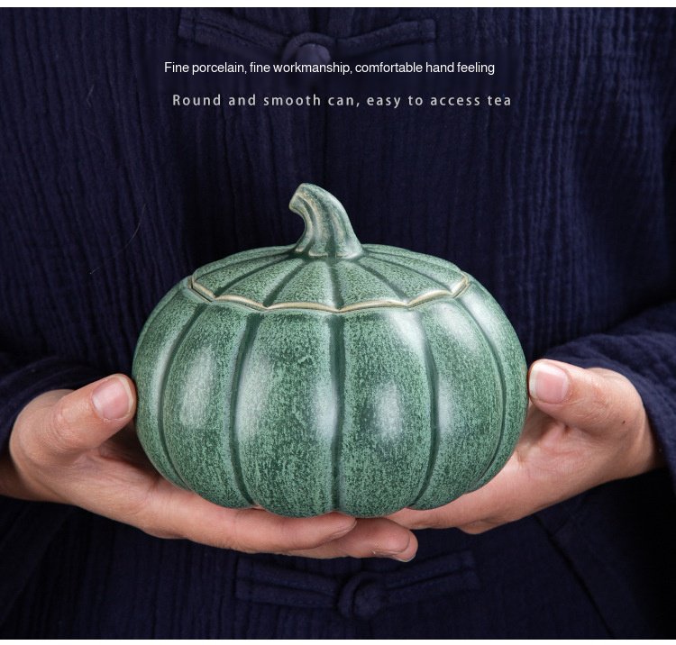 Pumpkin-shaped ceramic storage jar displayed on a kitchen counter