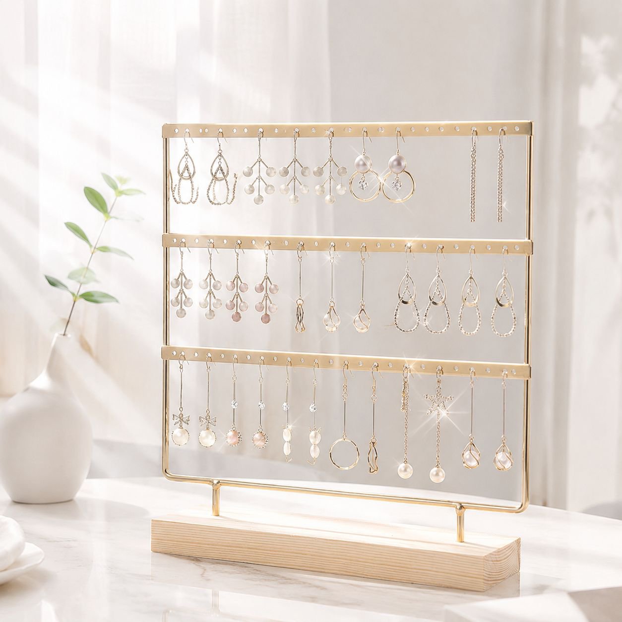 Hanging display stand showcasing various earrings