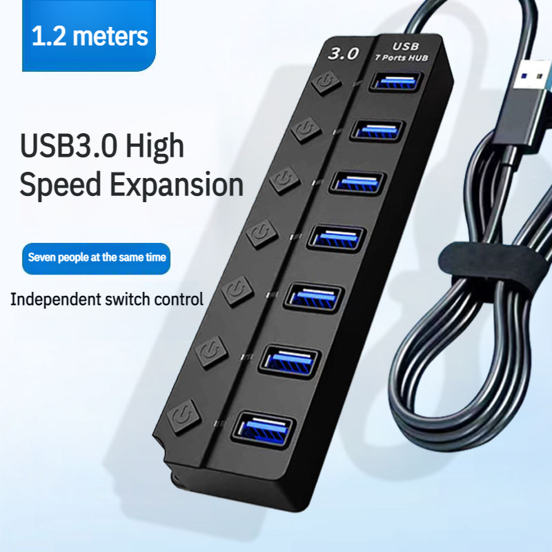Divisor USB de cuatro puertos con interruptor y extensor para computadora