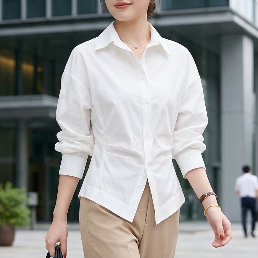 シンプルで着回しやすい、ウエスト絞りギャザーデザインシャツ