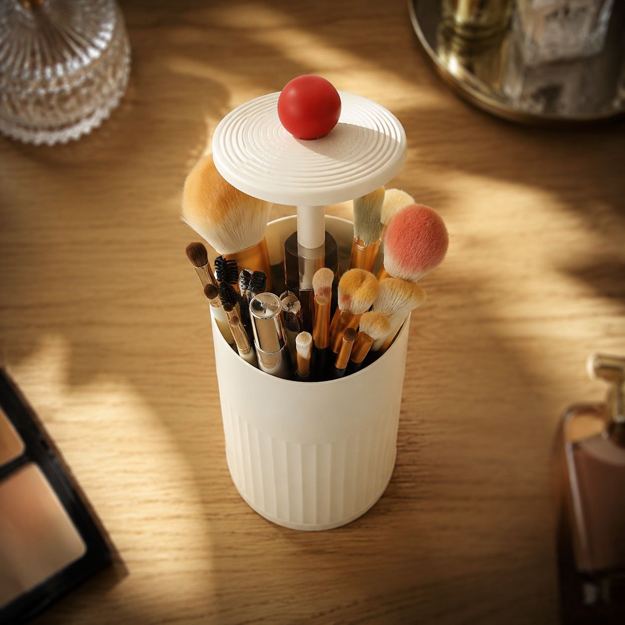 Automatic Cosmetic Organizer with Dustproof Lid and Brush