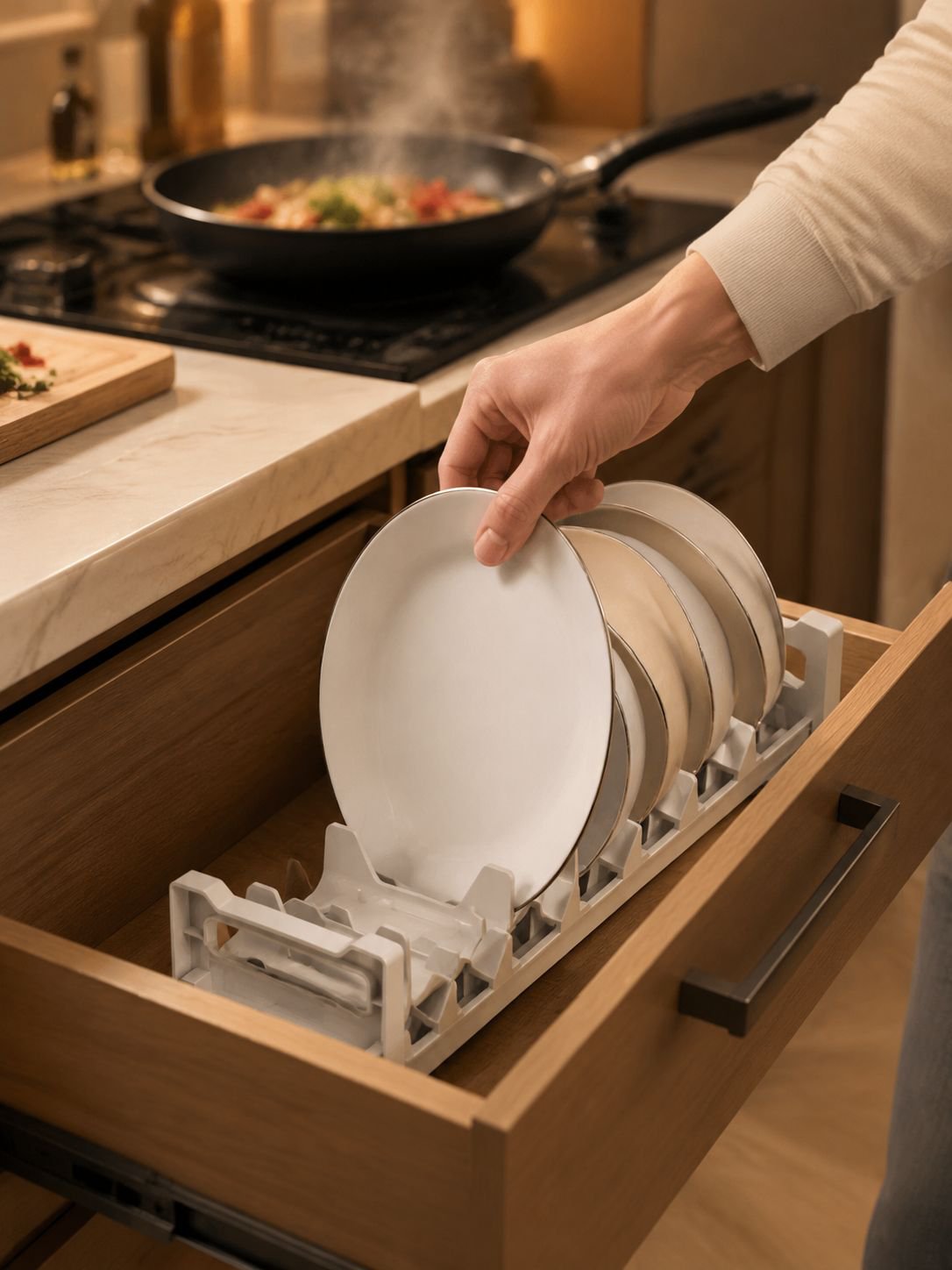 Modern kitchen organization with plate and cutlery storage box