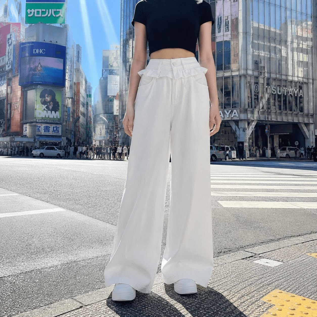 ハイウエストフリル付きワイドパンツ レディース