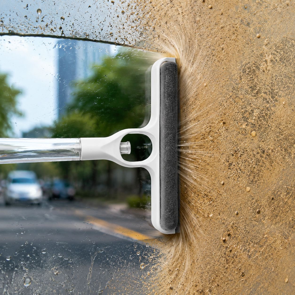 Close-up of spray bottle attachment on mirror cleaning mop
