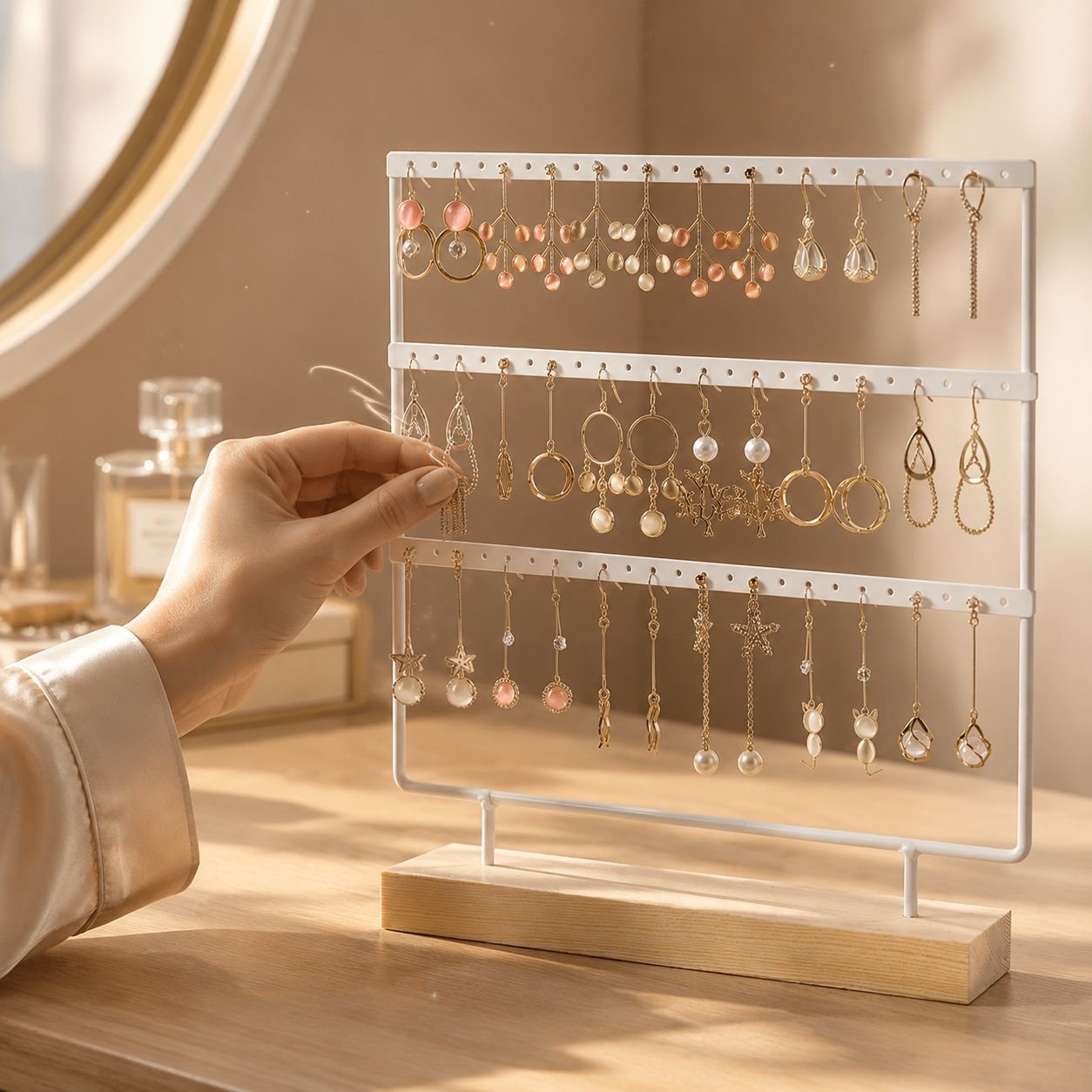 Jewelry display rack, solid wood and wrought iron earring holder, home earring storage, jewelry rack