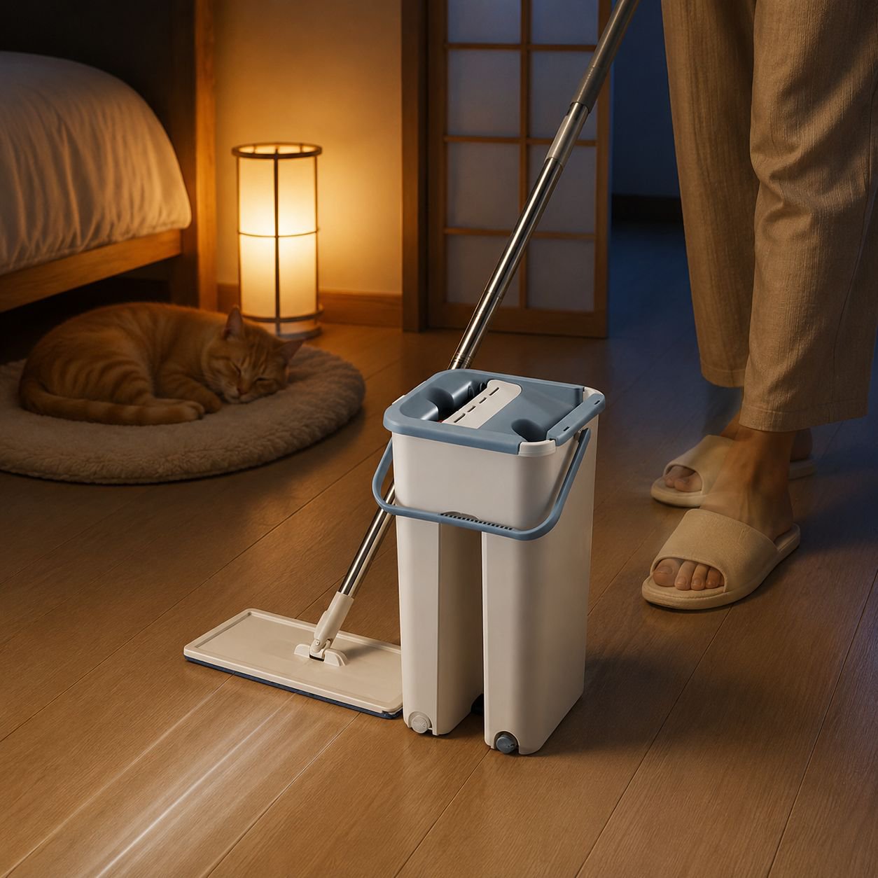 水洗い不要の乾湿両用モップ 使用シーン