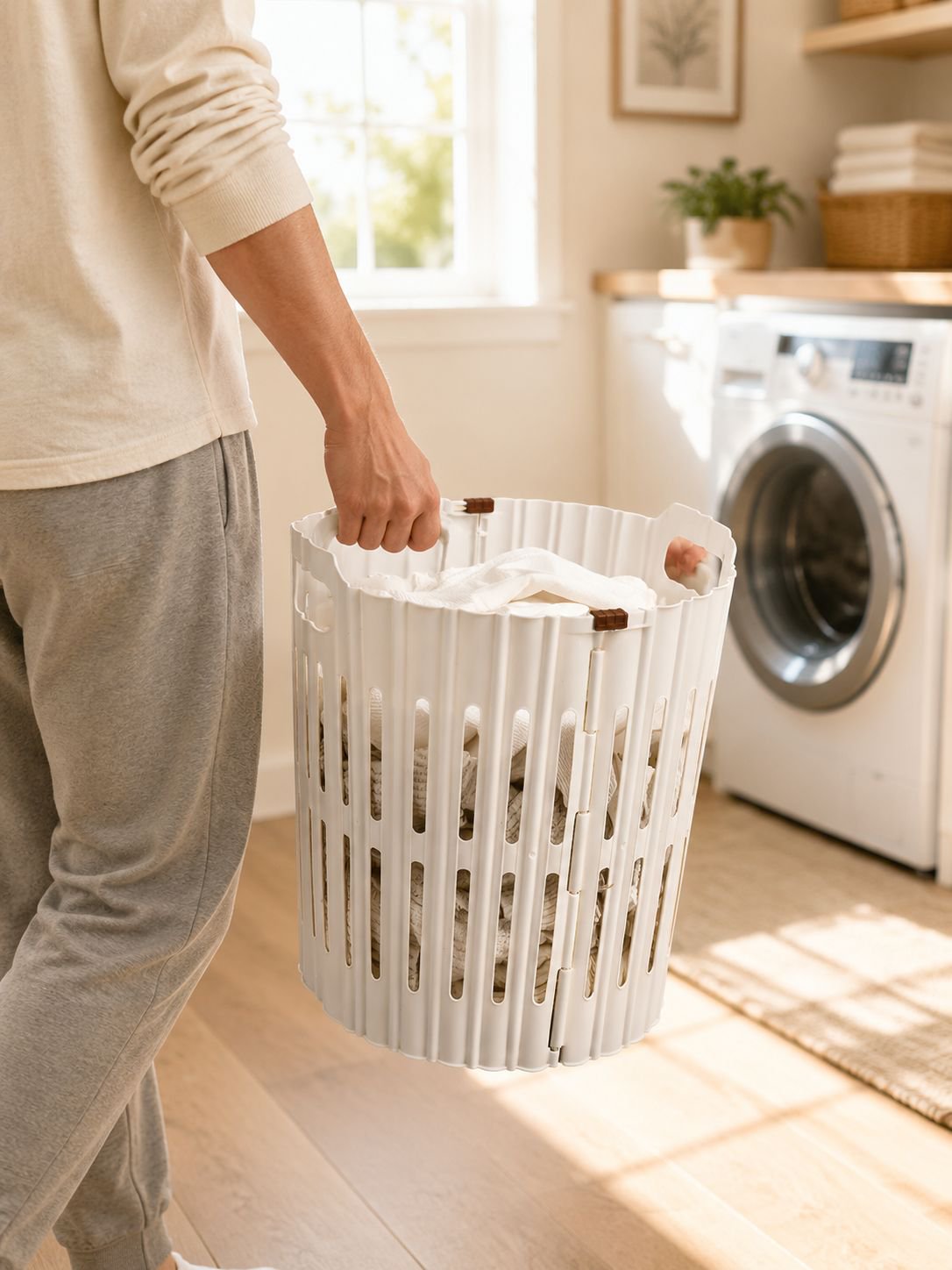 Durable laundry basket filled with clothes