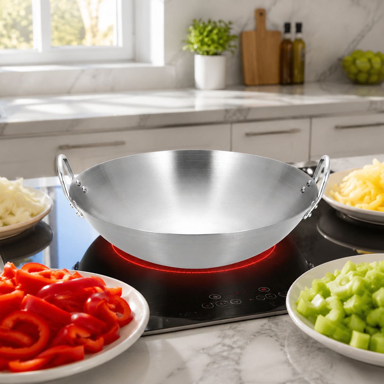 Professional thick stainless steel frying pan with dual handles