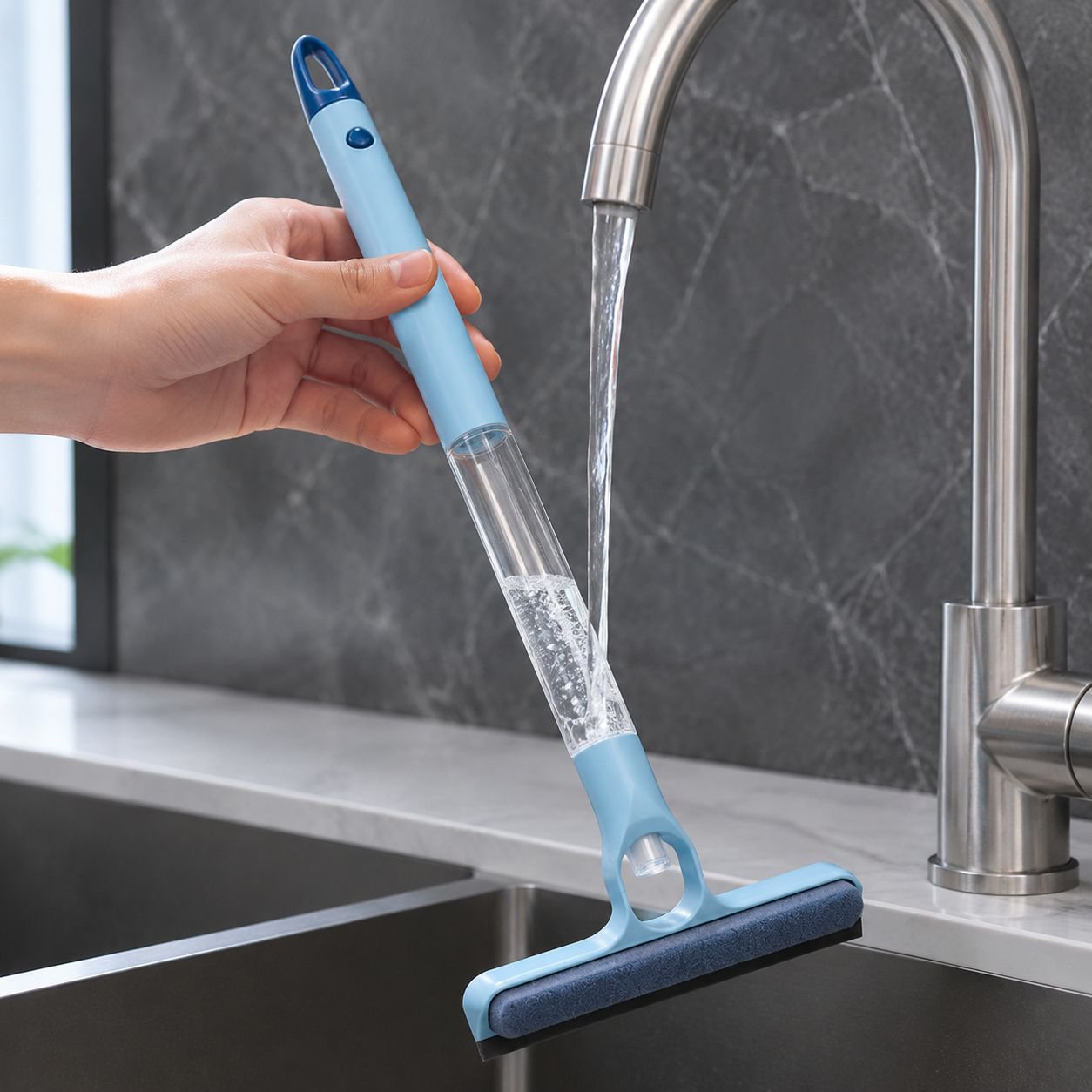 Mirror Cleaning Mop Scraper with Spray Bottle in use on bathroom mirror