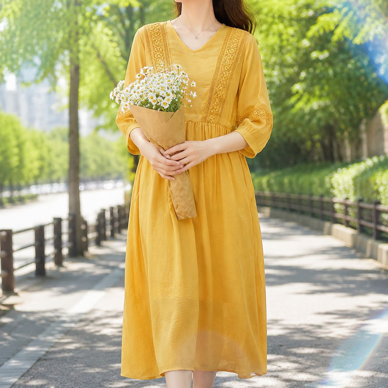 여름용 가벼운 소재의 브이넥 롱 드레스