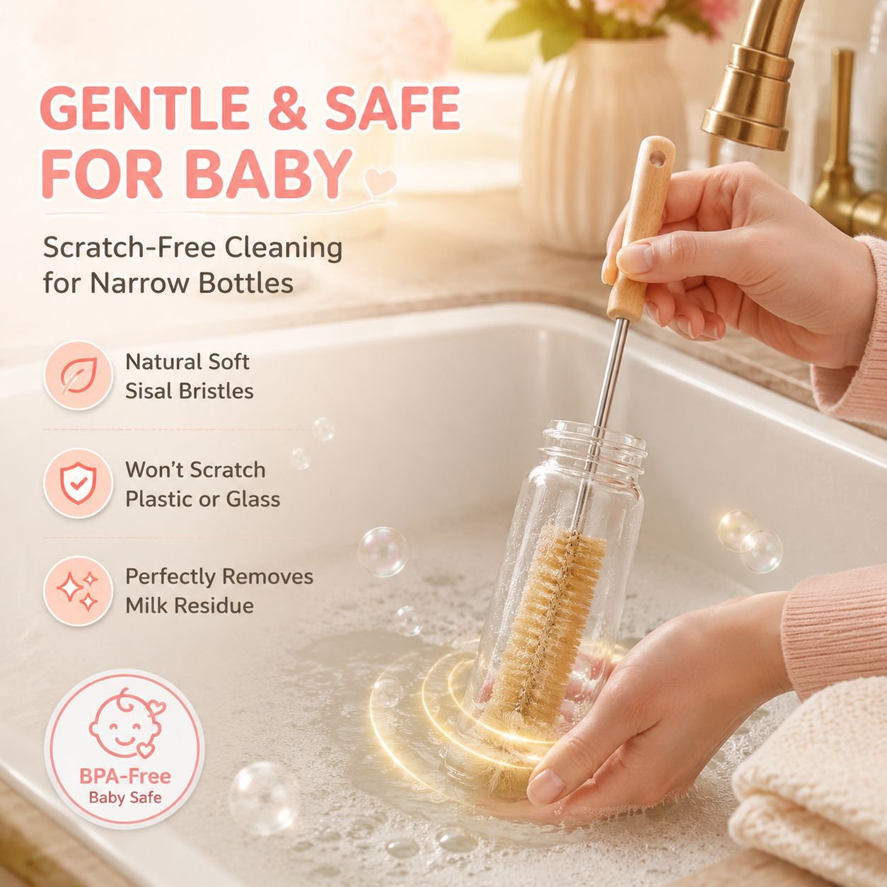 Long Wooden Handle Cleaning Brush for Bottles, Cups, and Glassware