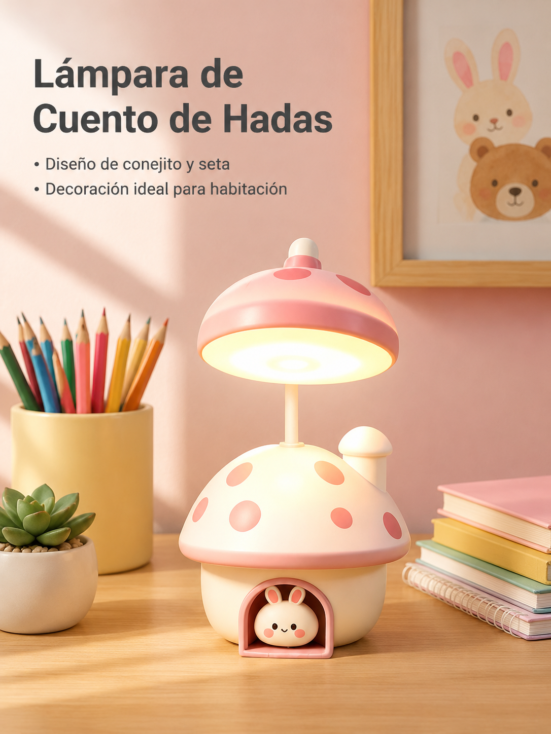 Lámpara de escritorio mini conejo casa de hongo recargable por USB multifuncional para lectura