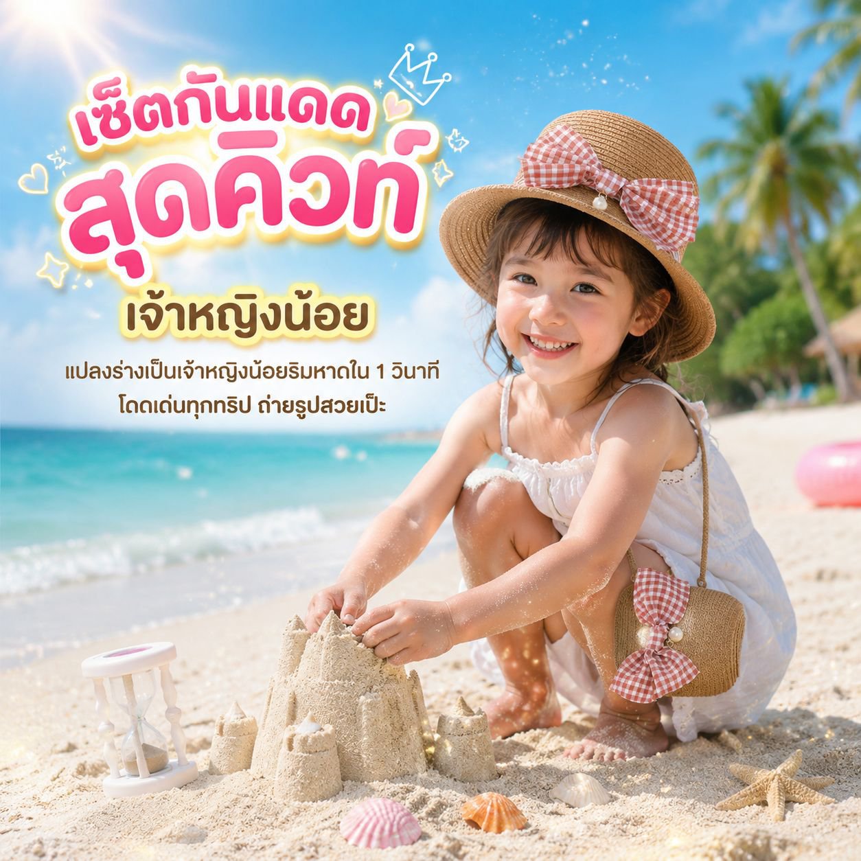 ชุดหมวกฟางเจ้าหญิงเด็กผู้หญิงพร้อมกระเป๋า หมวกกันแดดสำหรับหน้าร้อน