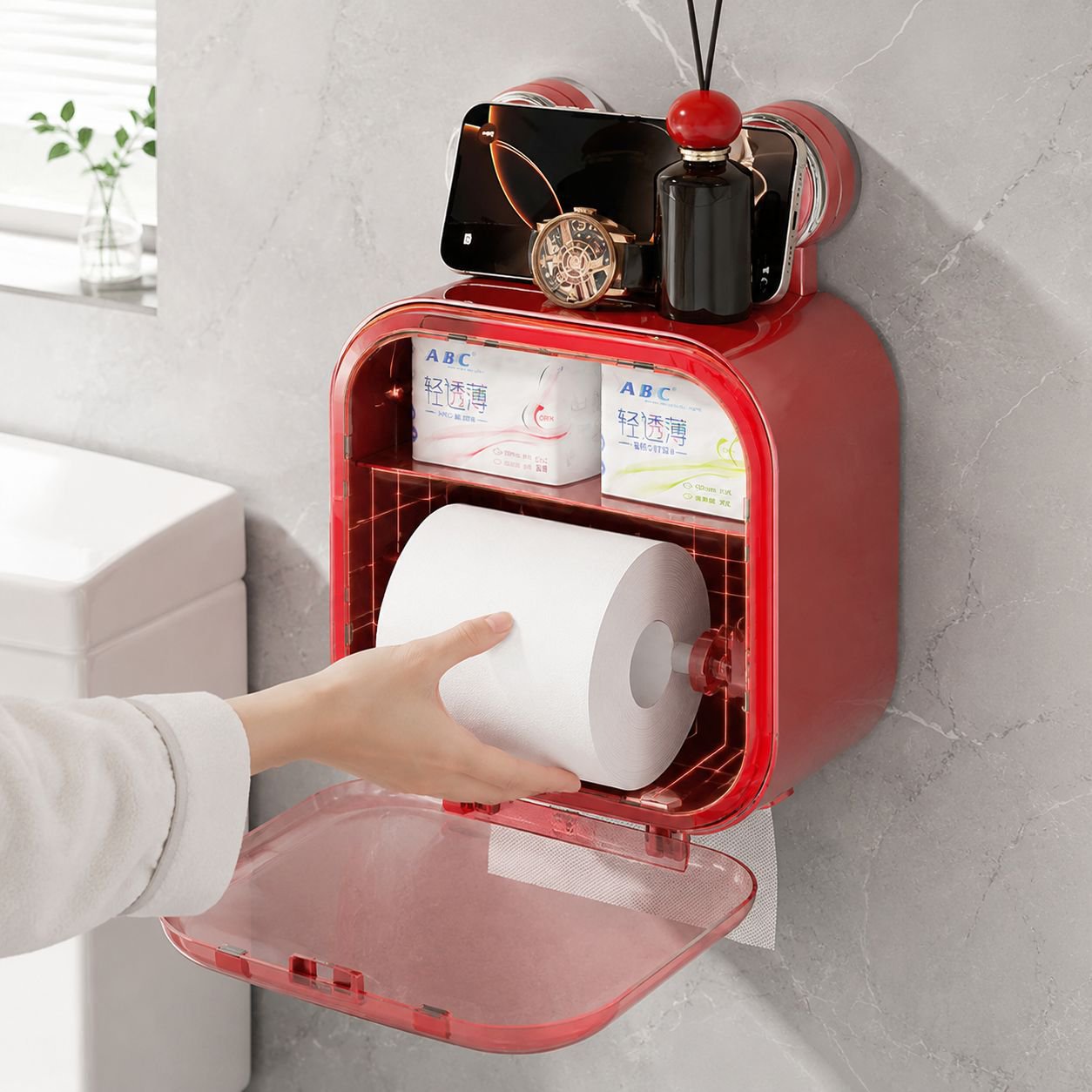 Multifunctional toilet paper storage box in modern bathroom