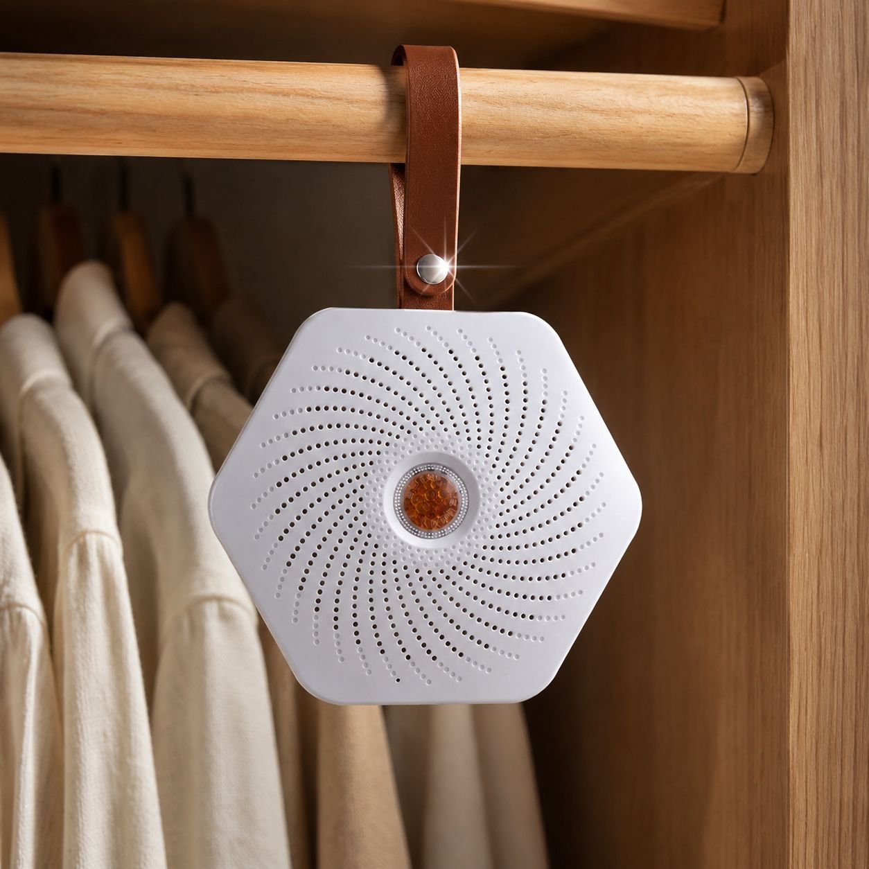 クローゼット内で使用中のUSB充電除湿器