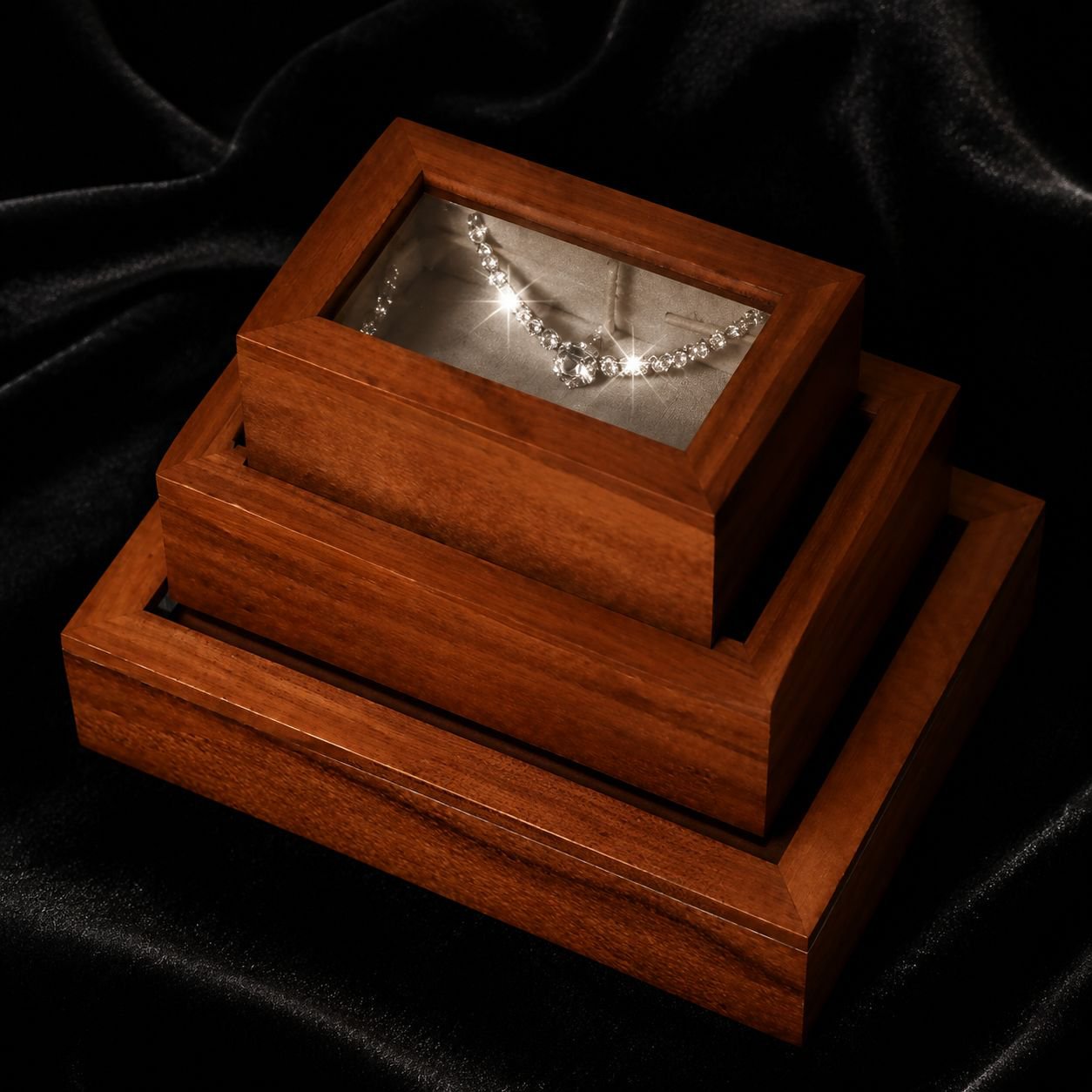 Wooden storage box on vanity table with cosmetics