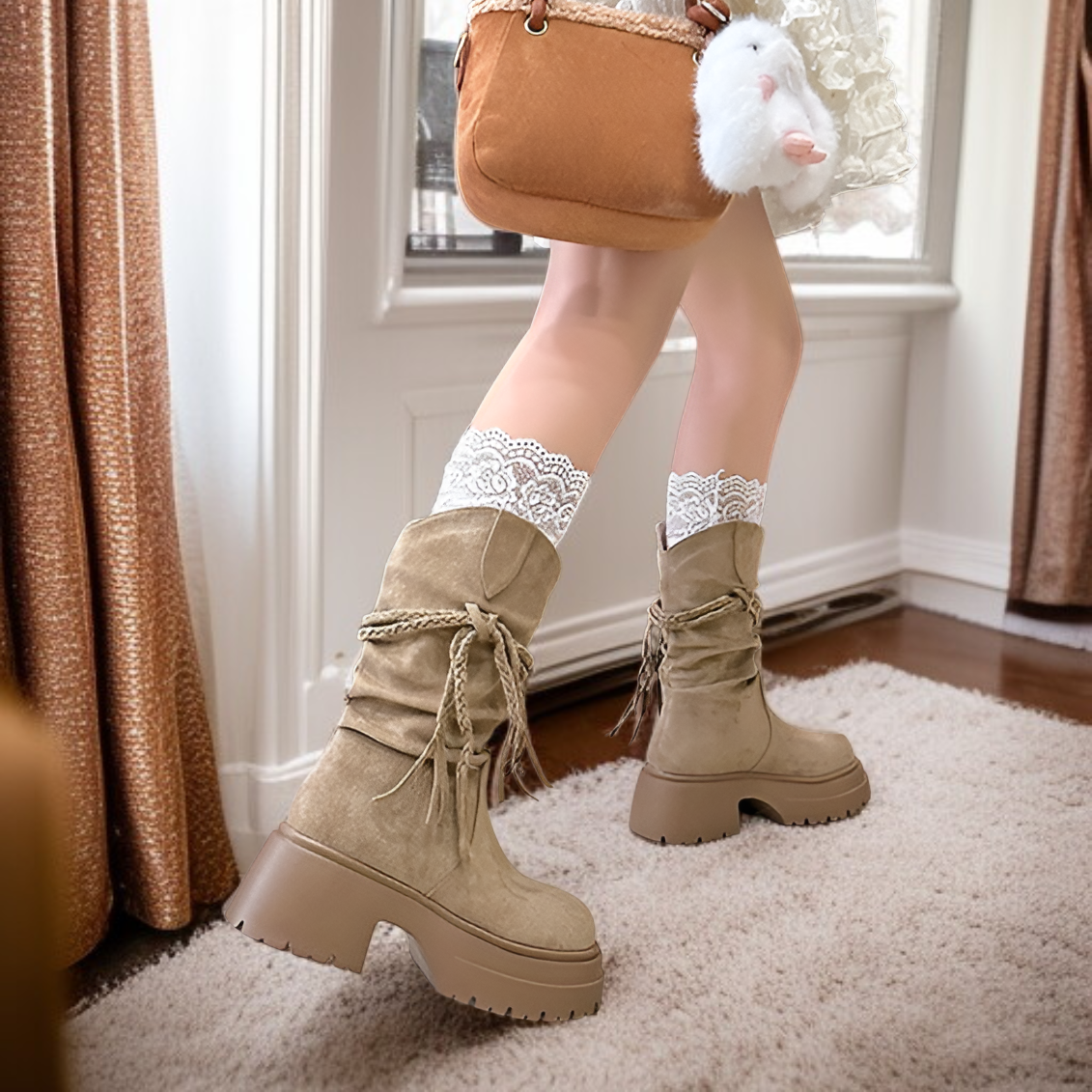 ウェイストランドスタイルのタッセル内側の高さを増やすウエスタンナイトブーツレディース秋冬レトロノースウェスト旅行着用ロングブーツ