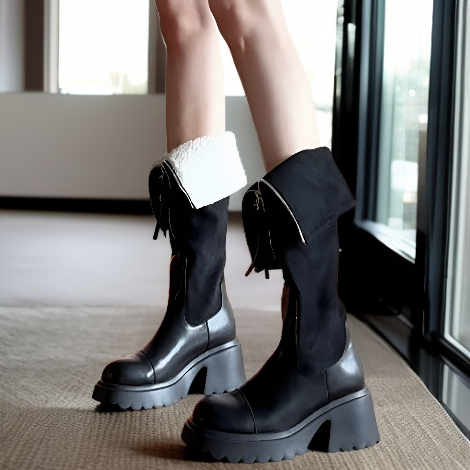 コントラストカラーステッチハイブーツレディース2025秋冬新作フロントジッパーベルトバックル厚底バイクブーツ厚ヒールロングブーツ