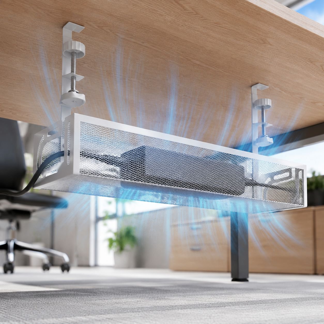 Multiple cables organized in cable management tray