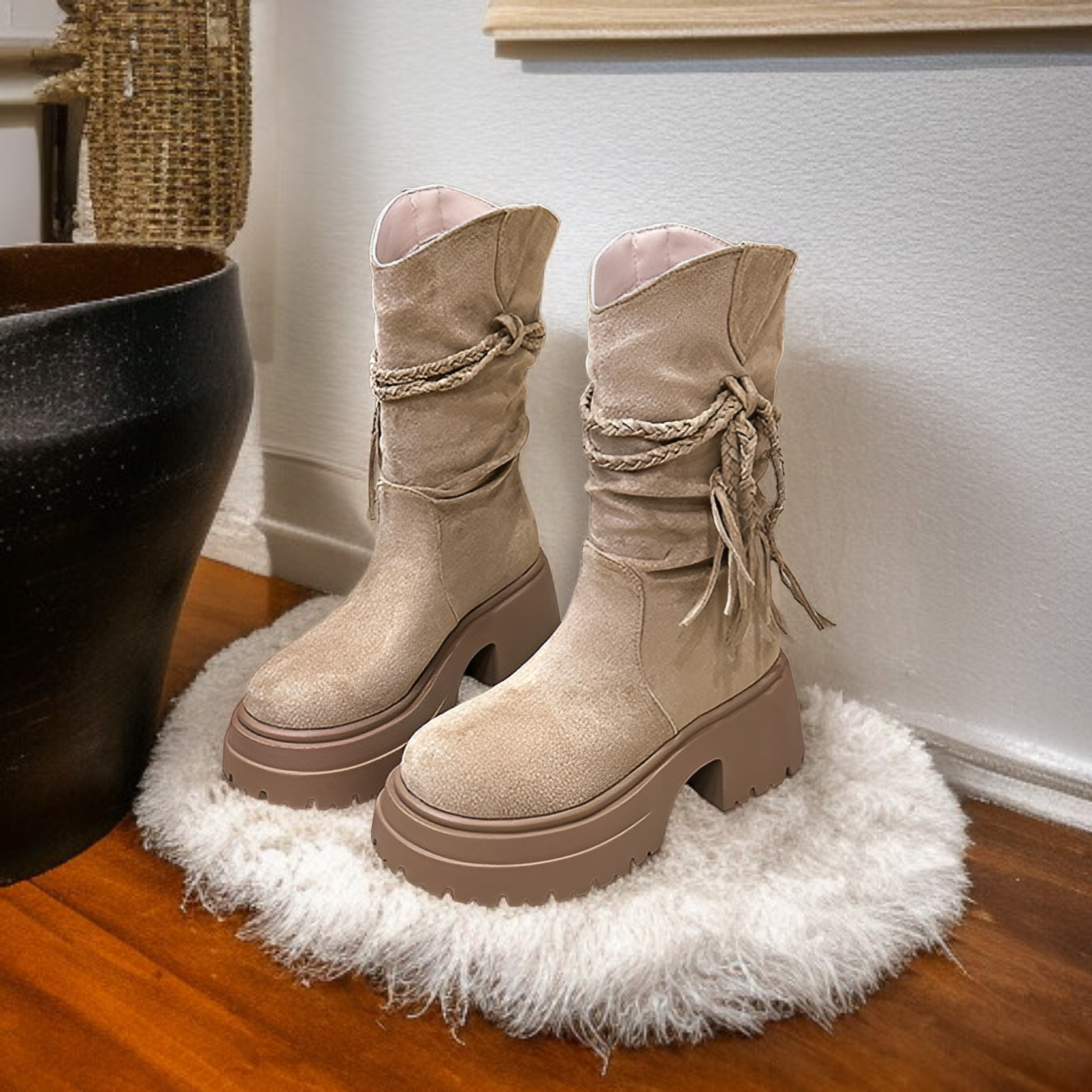 ウェイストランドスタイルのタッセル内側の高さを増やすウエスタンナイトブーツレディース秋冬レトロノースウェスト旅行着用ロングブーツ