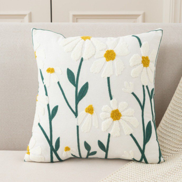 花の刺繍枕カバー
