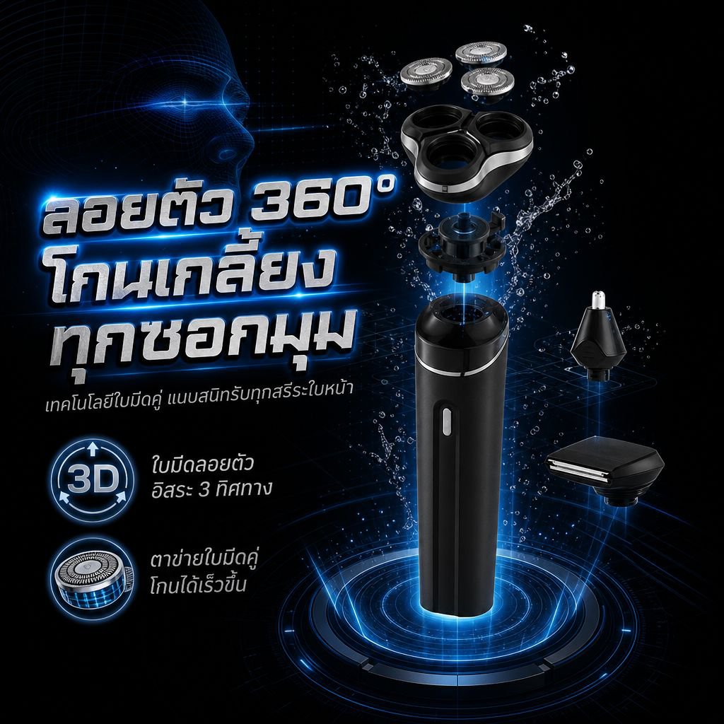 เครื่องโกนหนวดไฟฟ้าแม่เหล็ก 3-in-1 ล้างน้ำได้ทั้งตัว