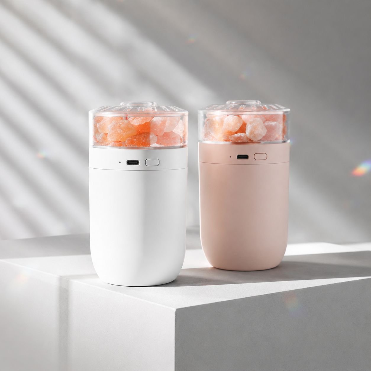Modern car air purifier with Himalayan salt, wireless charging, and LED lights