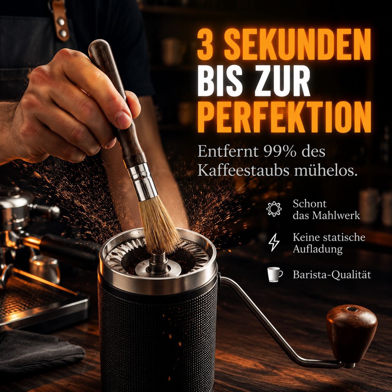 Schlanke Massivholz-Kaffeebürste, geeignet für Kaffeemaschinen und Mühlen