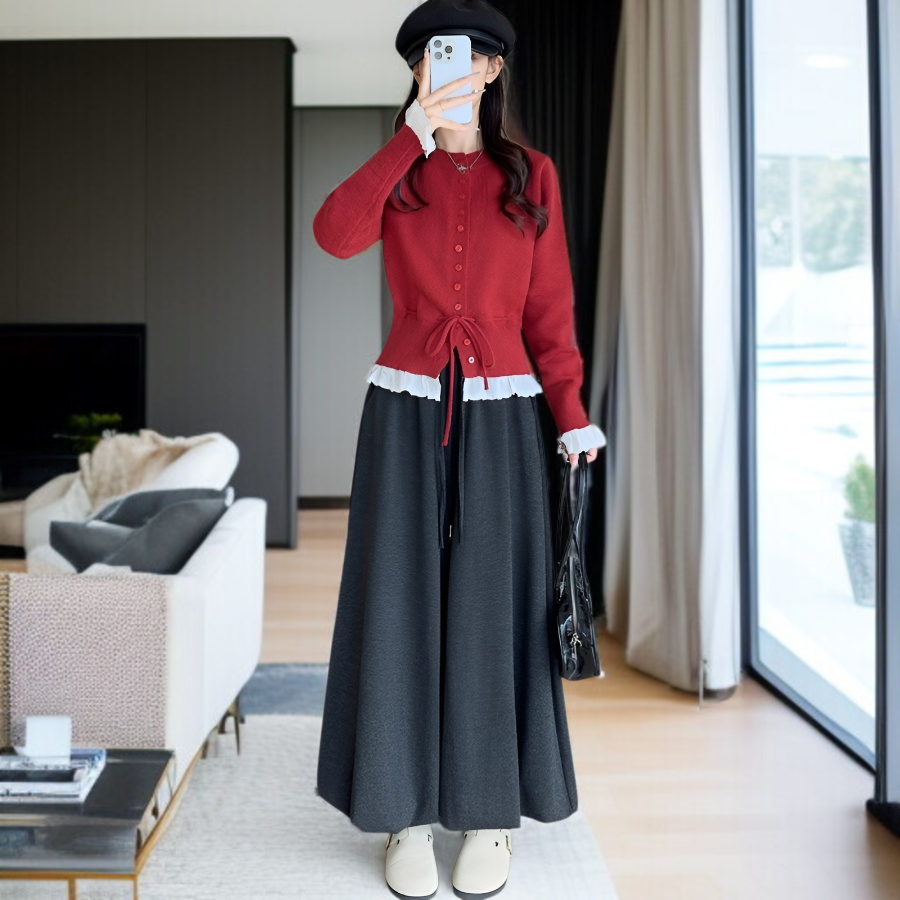 여성 하이웨스트 드롭 팬츠 찹쌀 니트 치마바지 와이드 잔키 하이웨스트 와이드 팬츠 나른 치마바지