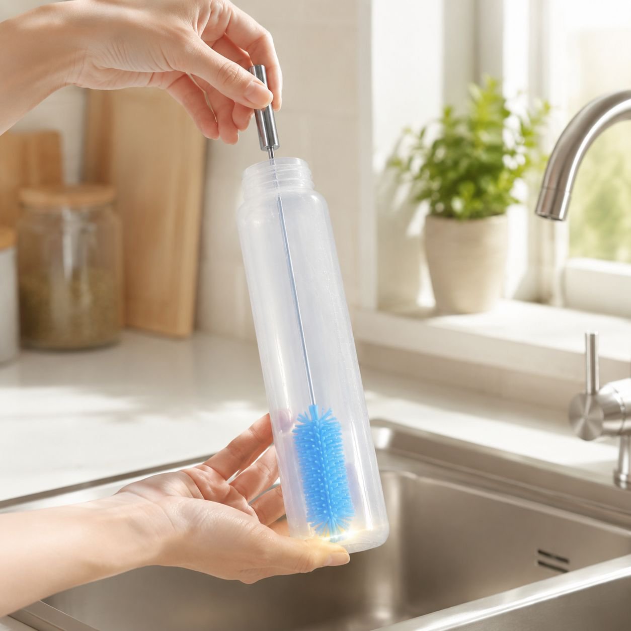 Rotating cleaning brush scrubbing kitchen sink