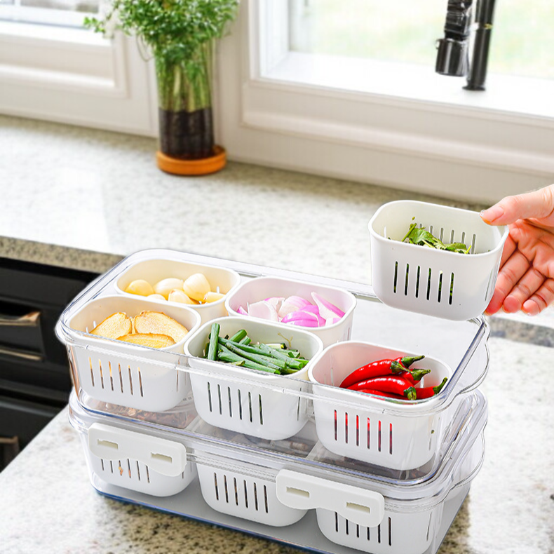 Food grade transparent storage box with compartments for kitchen organization