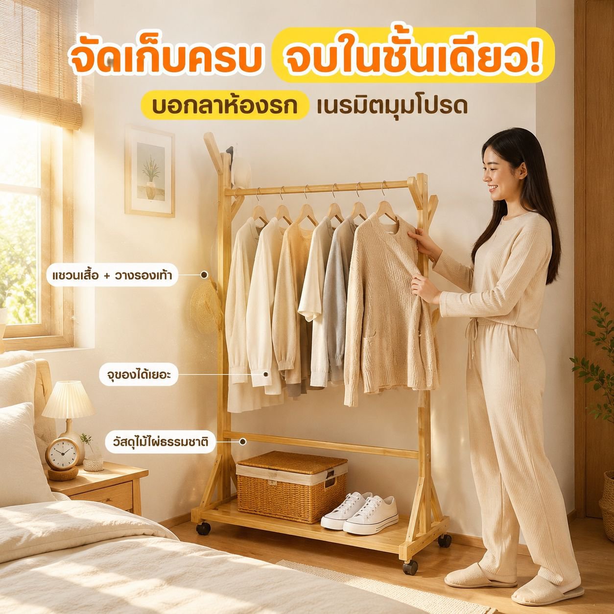 ราวแขวนเสื้อผ้าแบบพับได้สำหรับห้องนอน บ้าน ใช้งานง่าย