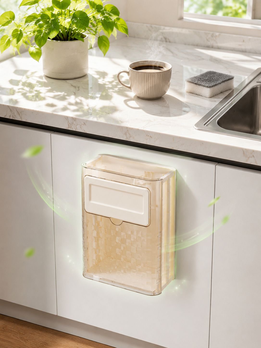 High-value kitchen trash can with easy hang design