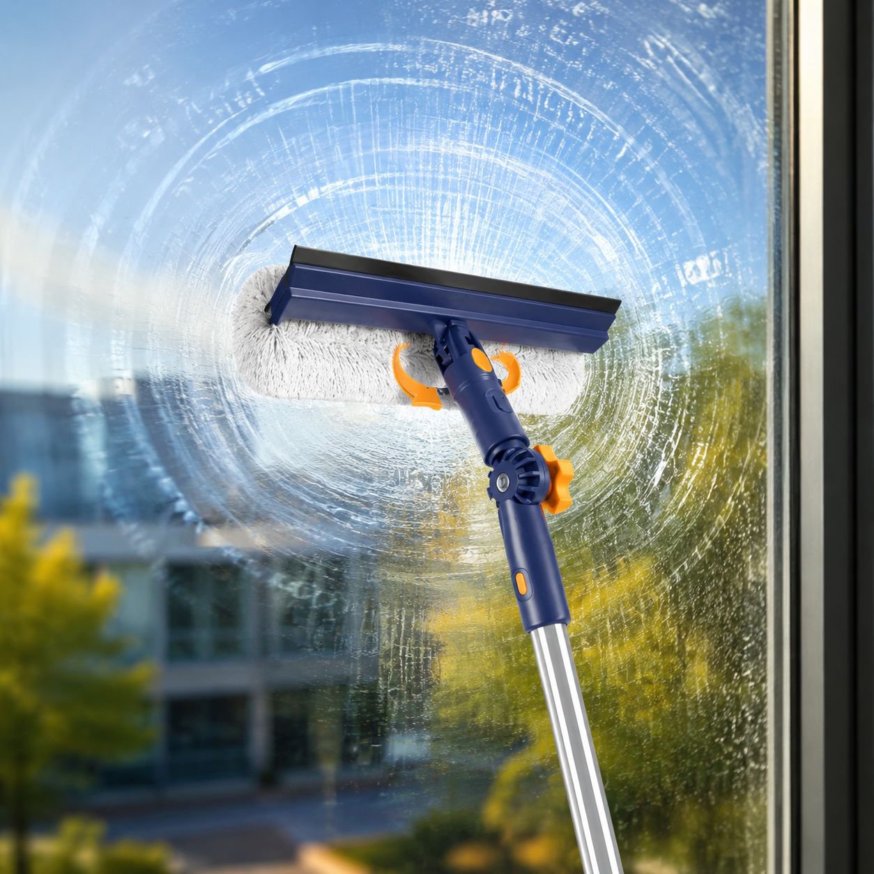 Window cleaning brush reaching high windows